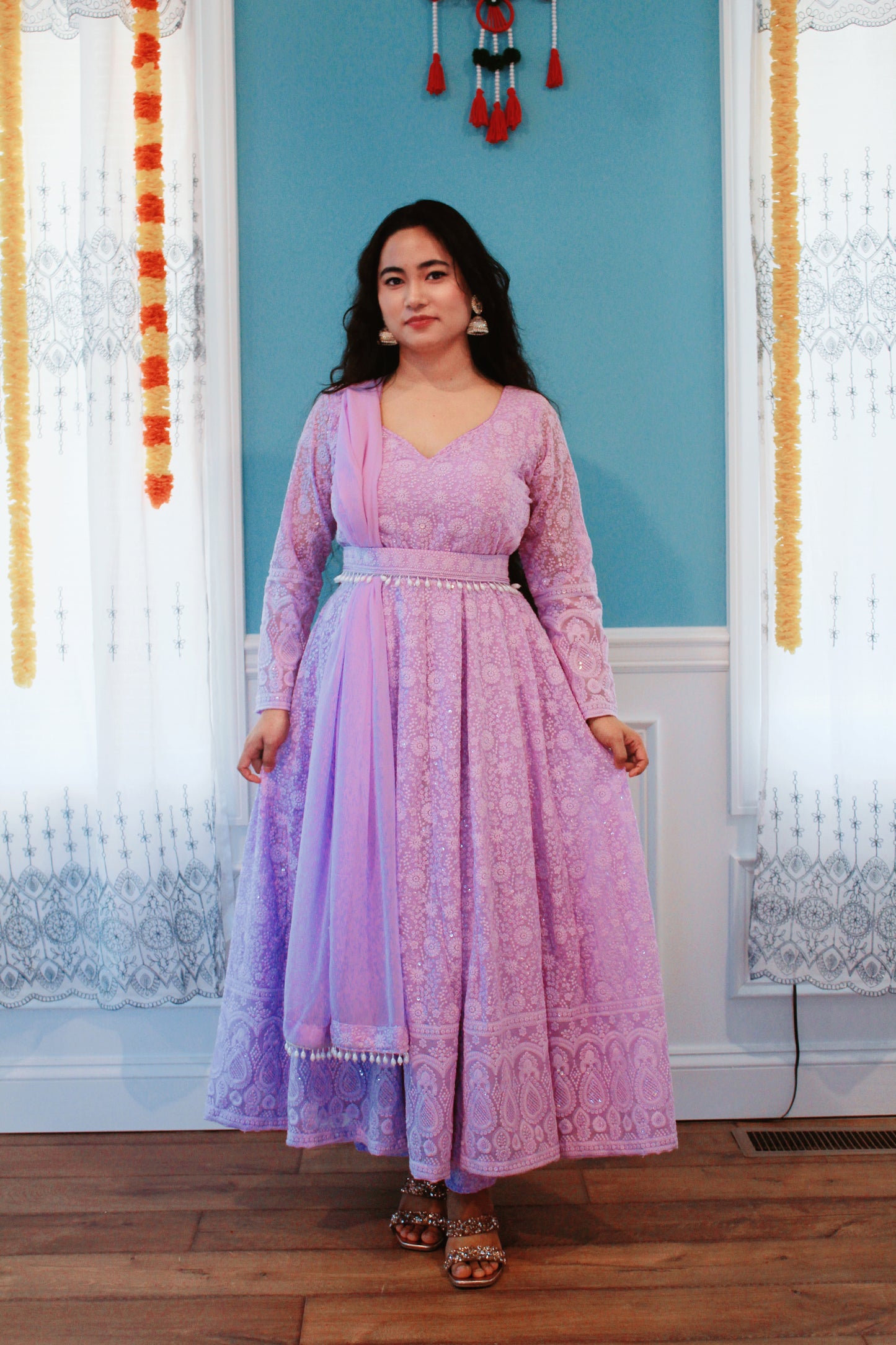 Lavender Thread Embroidered Anarkali set with belt.