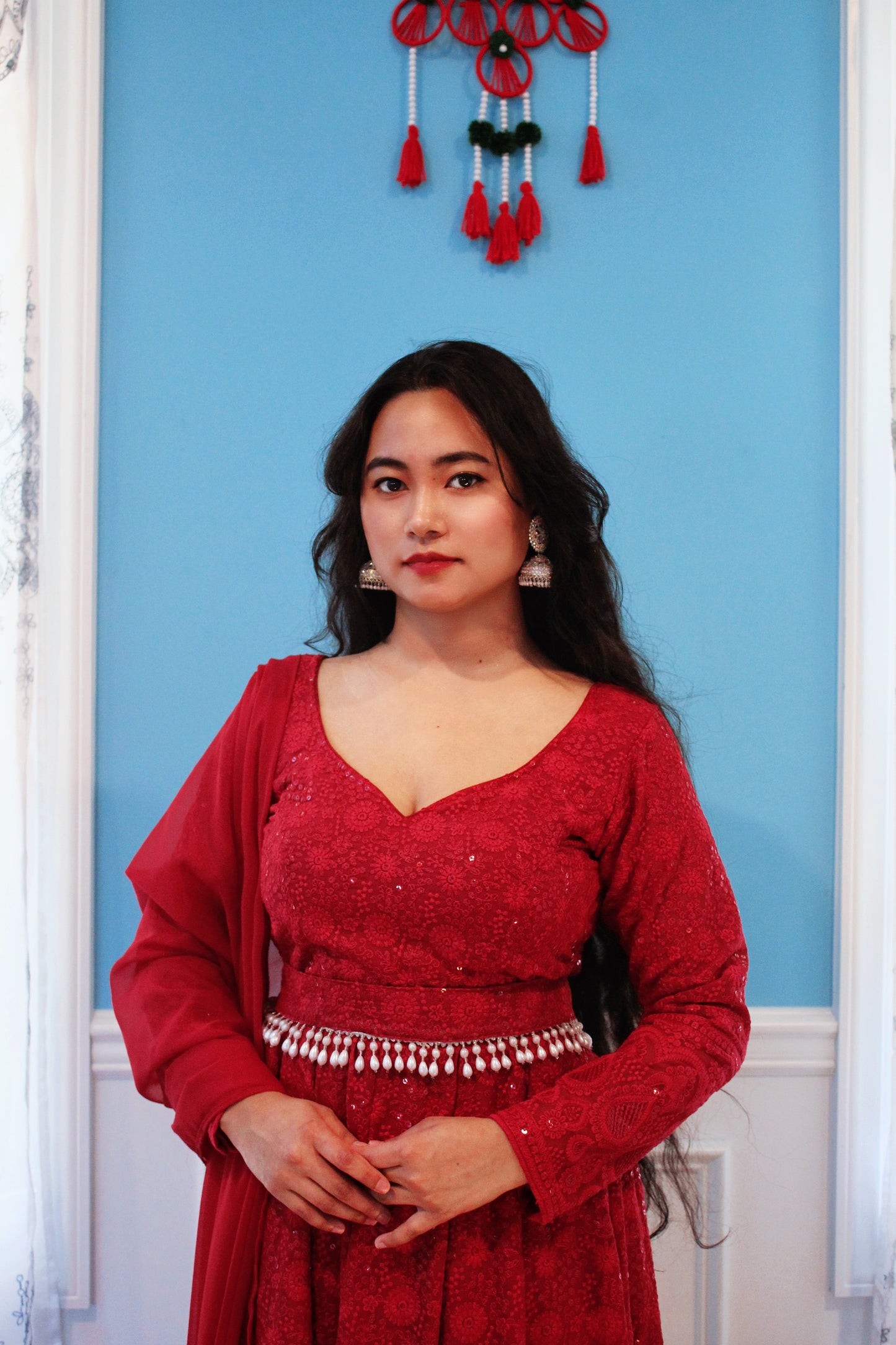Red Thread Embroidered Anarkali set with belt