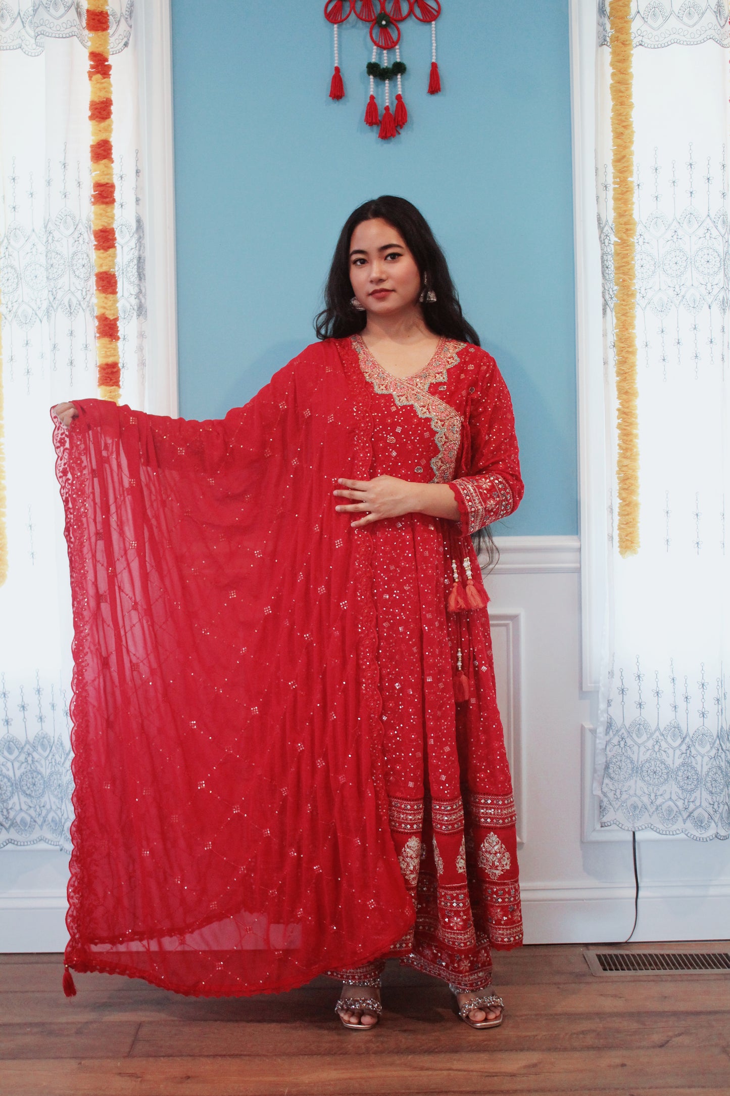 Red Anarkali with Palazzo pant set.