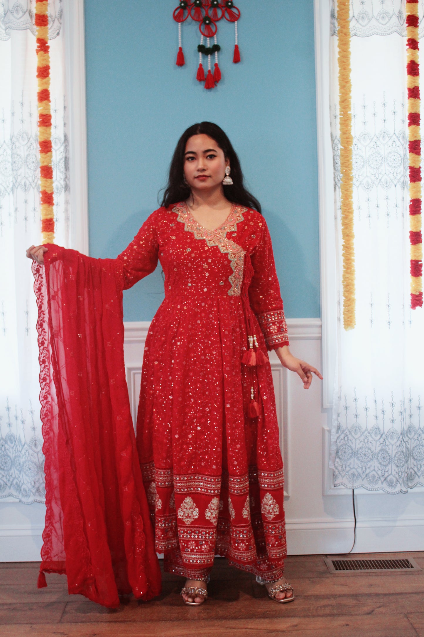 Red Anarkali with Palazzo pant set.