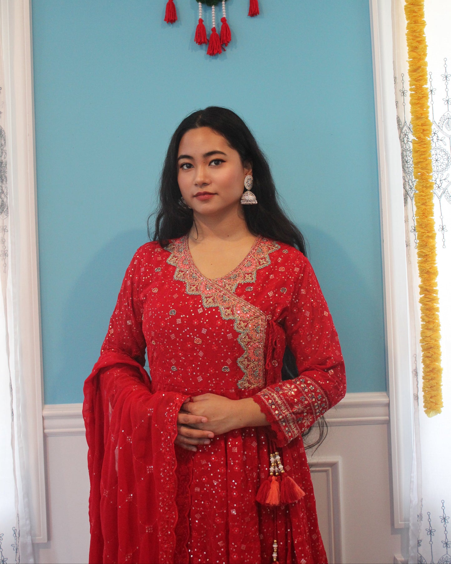Red Anarkali with Palazzo pant set.