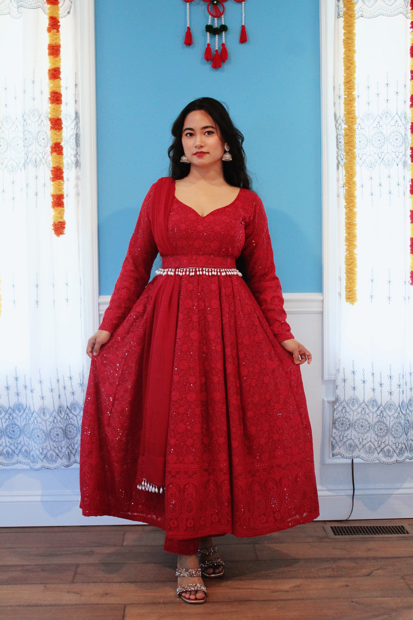 Red Thread Embroidered Anarkali set with belt