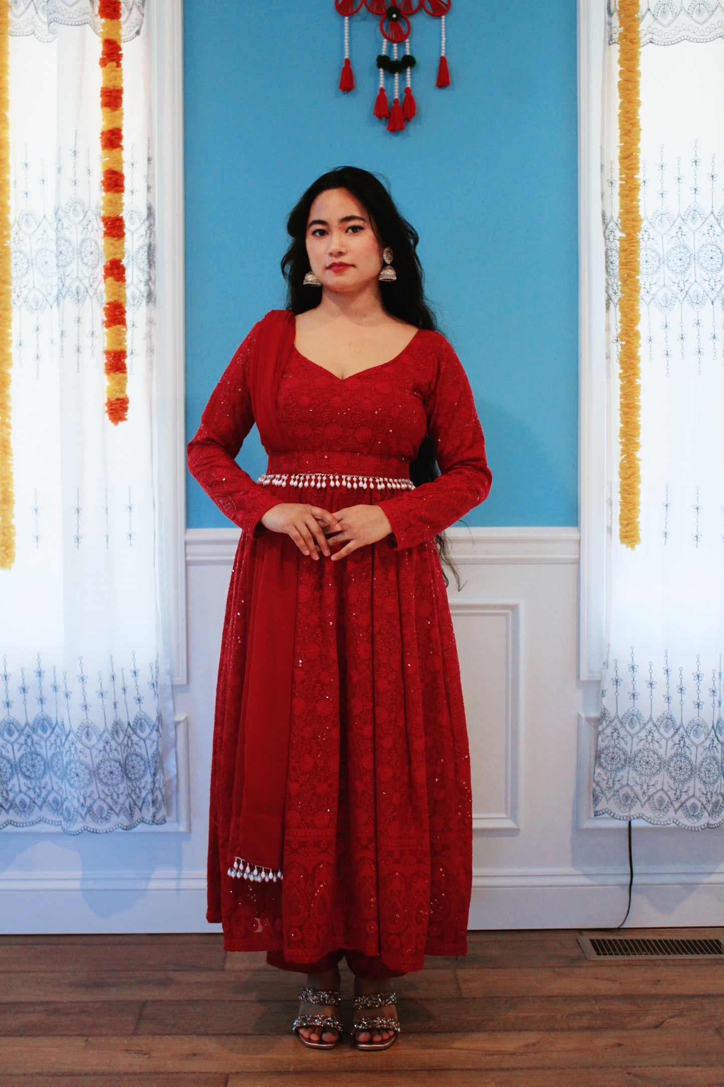 Red Thread Embroidered Anarkali set with belt