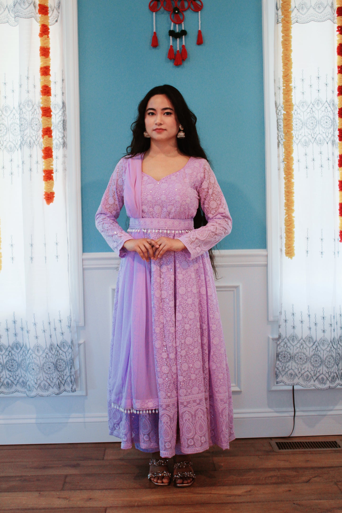 Lavender Thread Embroidered Anarkali set with belt.