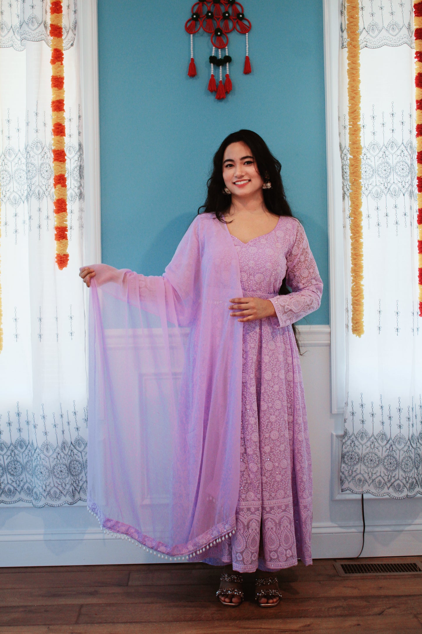 Lavender Thread Embroidered Anarkali set with belt.