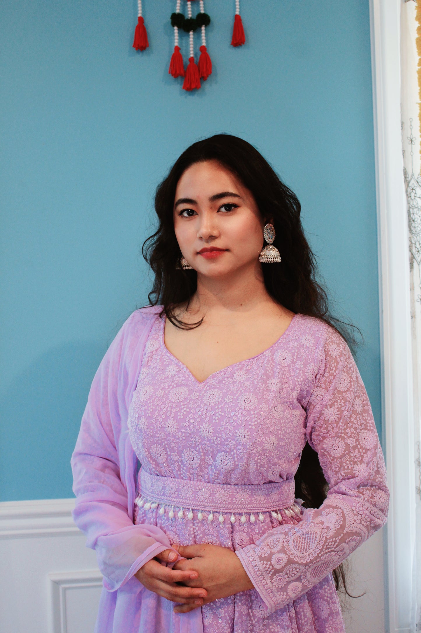 Lavender Thread Embroidered Anarkali set with belt.
