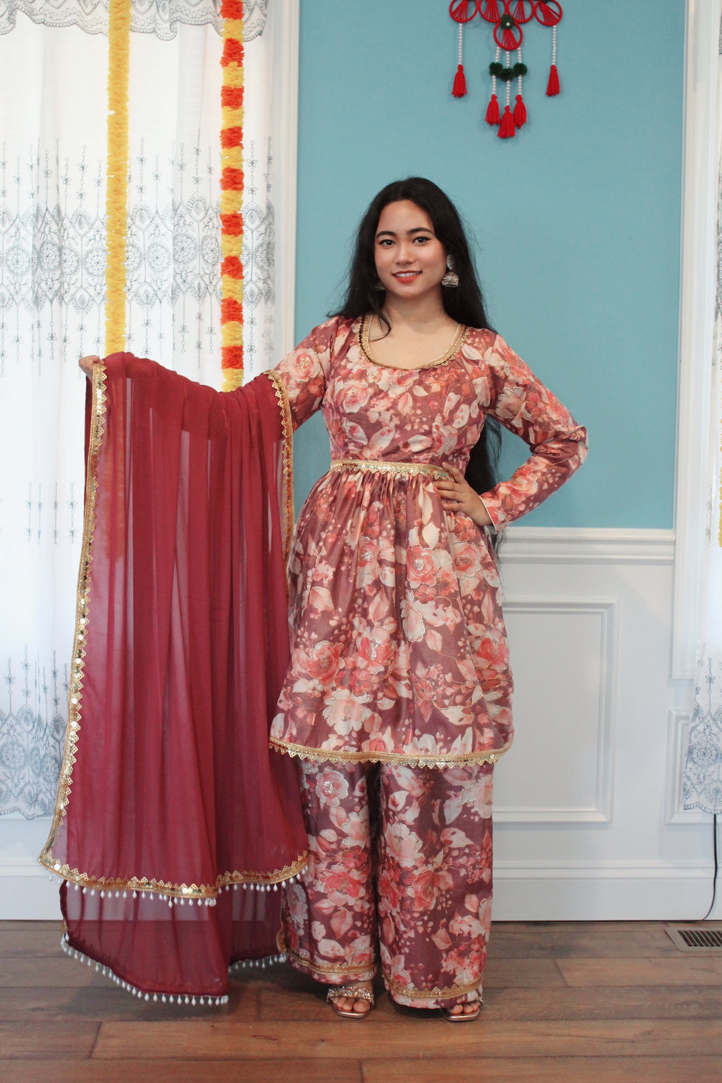 Floral Peplum Kurta set with wide palazzo pant.