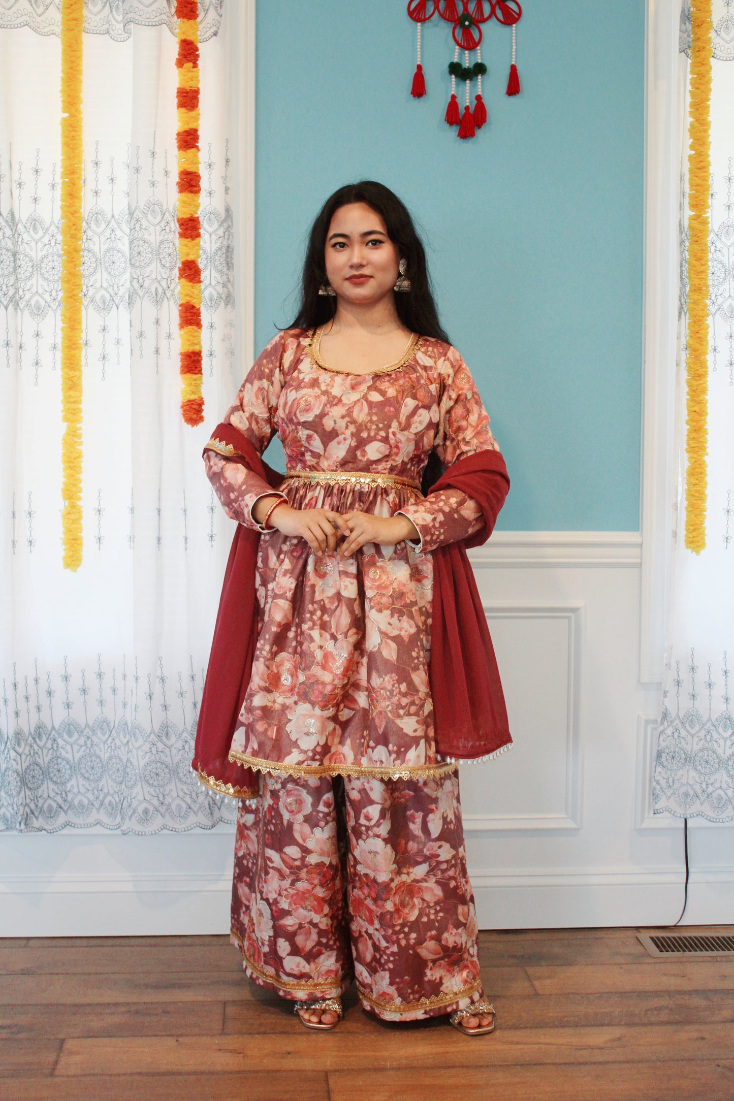 Floral Peplum Kurta set with wide palazzo pant.