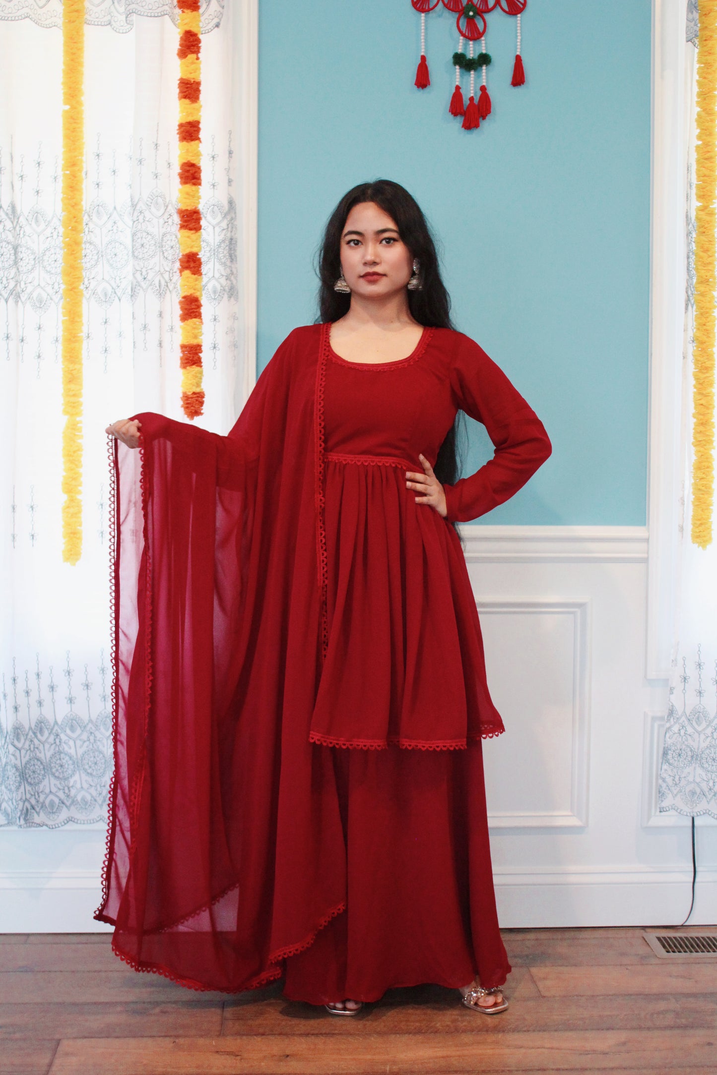 Maroon Anarkali Kurta set with Sharara Pant.