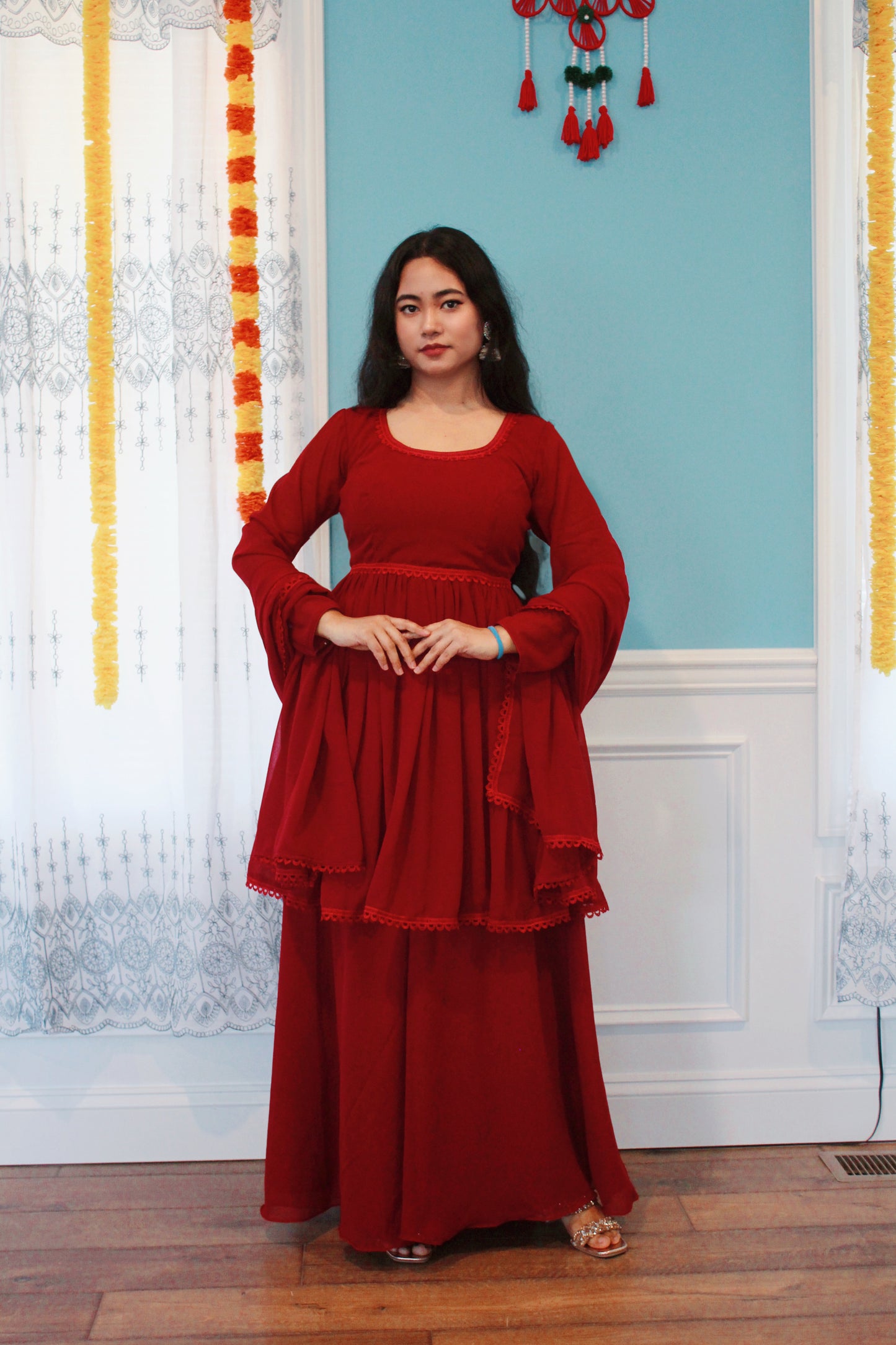 Maroon Anarkali Kurta set with Sharara Pant.
