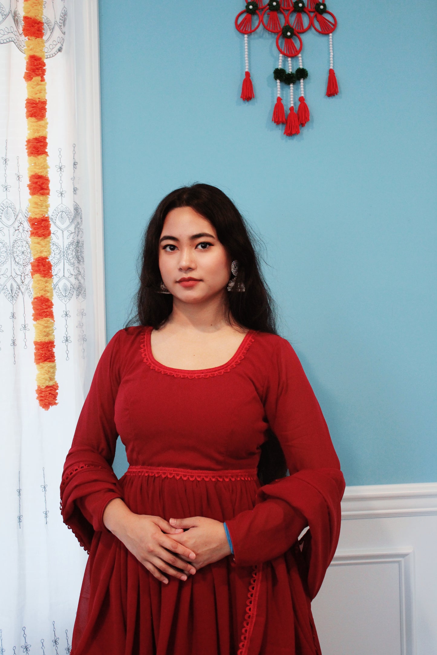 Maroon Anarkali Kurta set with Sharara Pant.