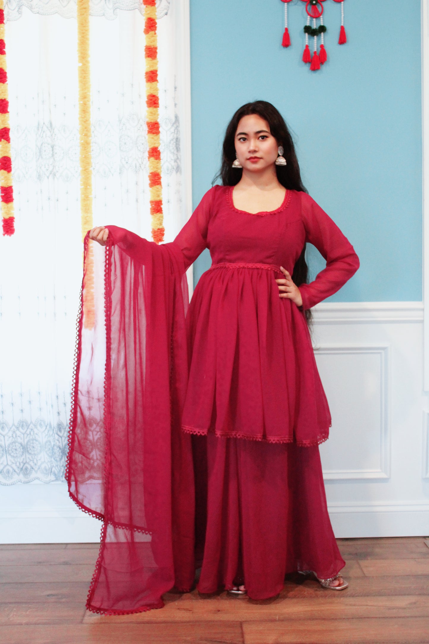 Wine Anarkali Kurta set with Sharara Pant.