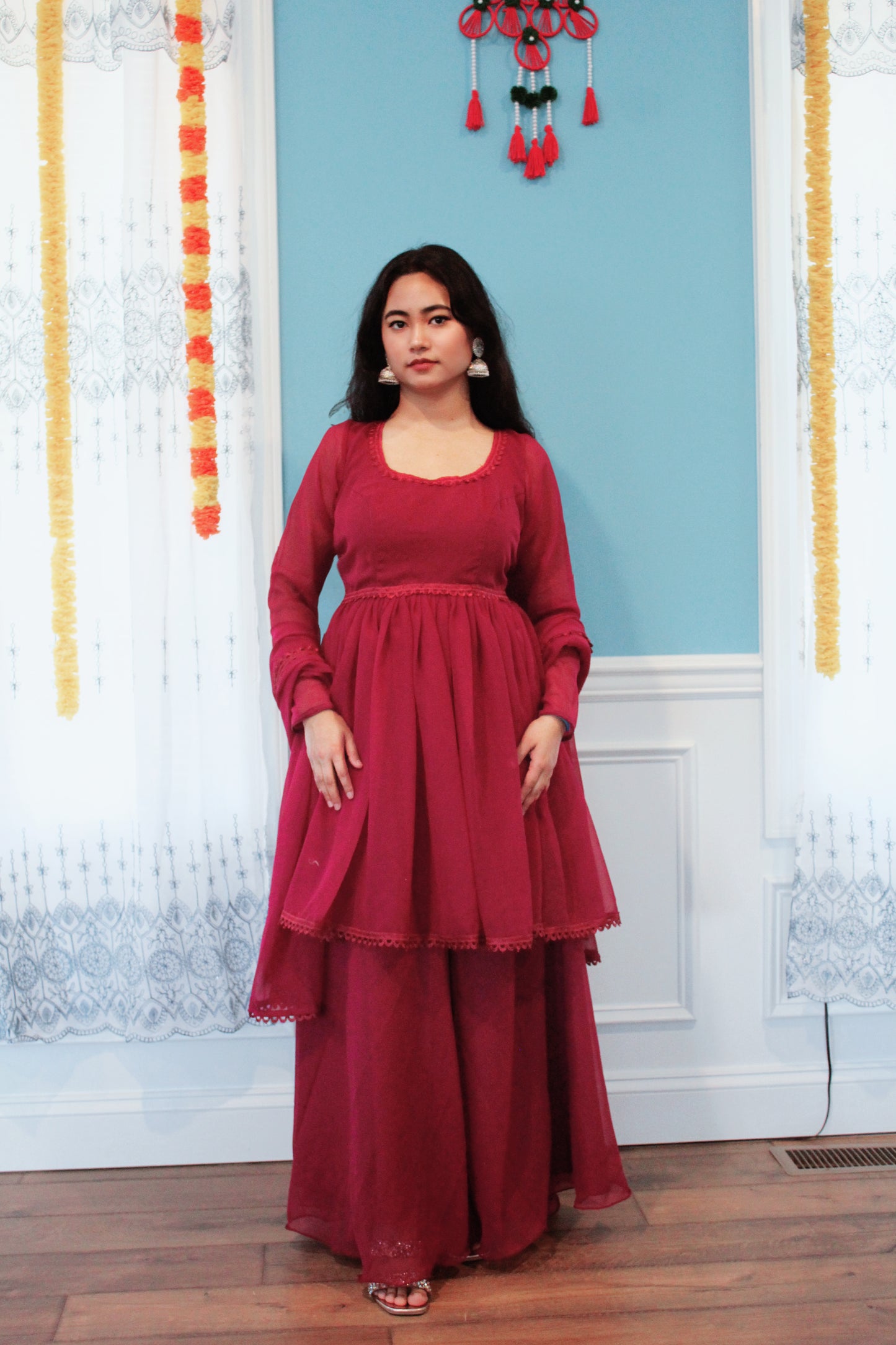 Wine Anarkali Kurta set with Sharara Pant.