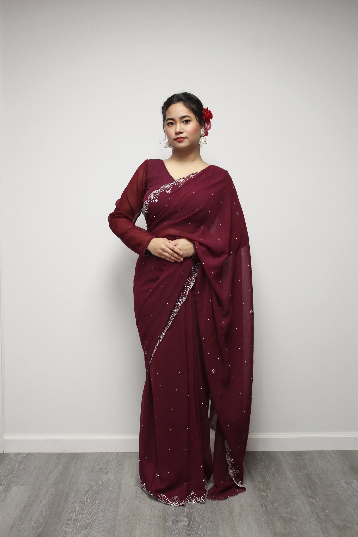 Ready to wear dark purple saree set with peticoat.
