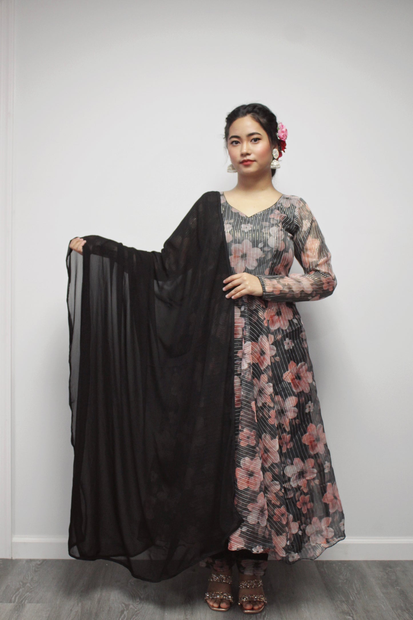 Floral Black Anarkali set with matching dupatta.