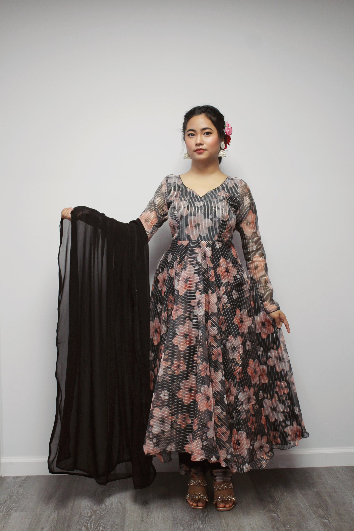 Floral Black Anarkali set with matching dupatta.