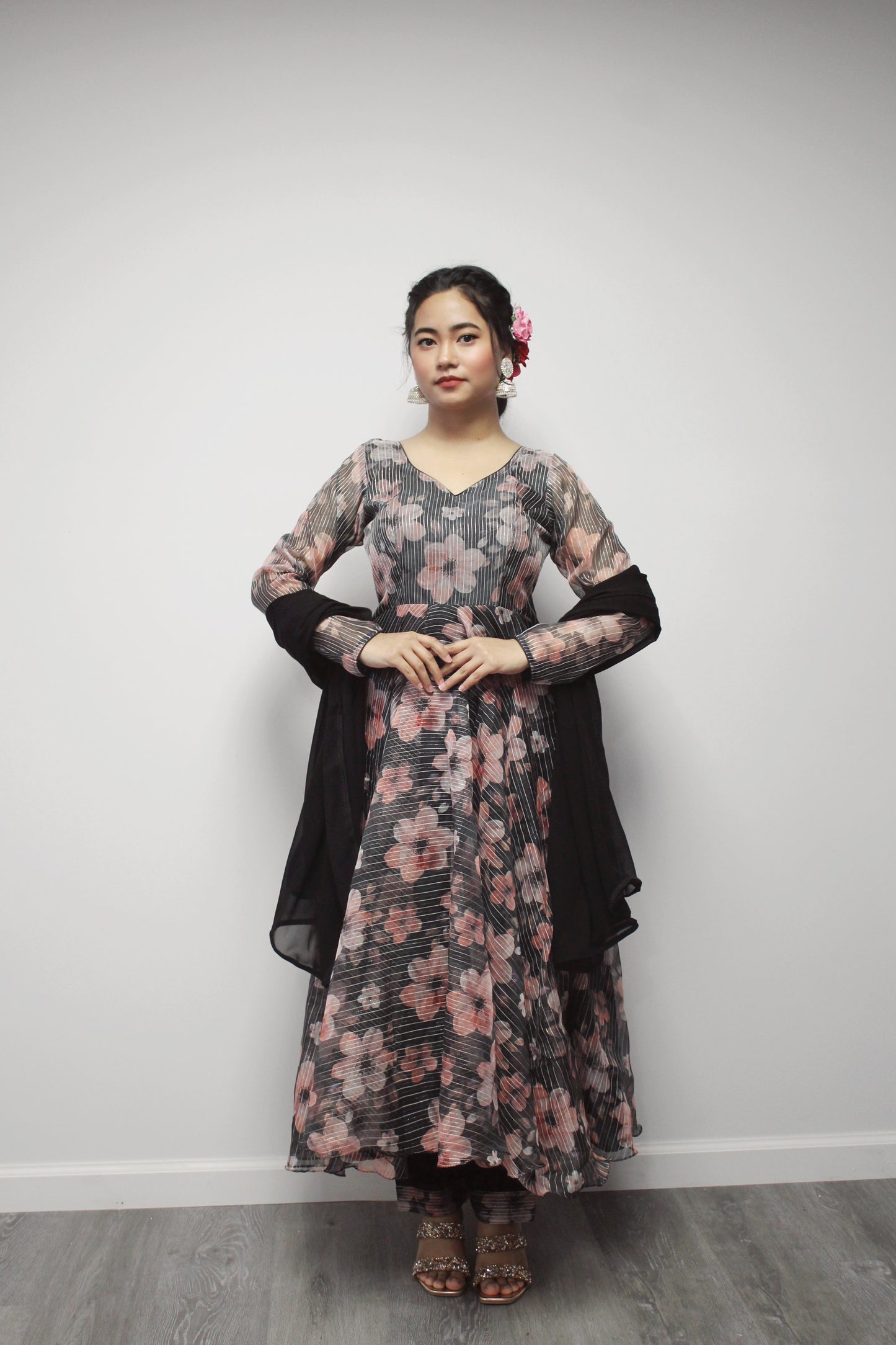 Floral Black Anarkali set with matching dupatta.