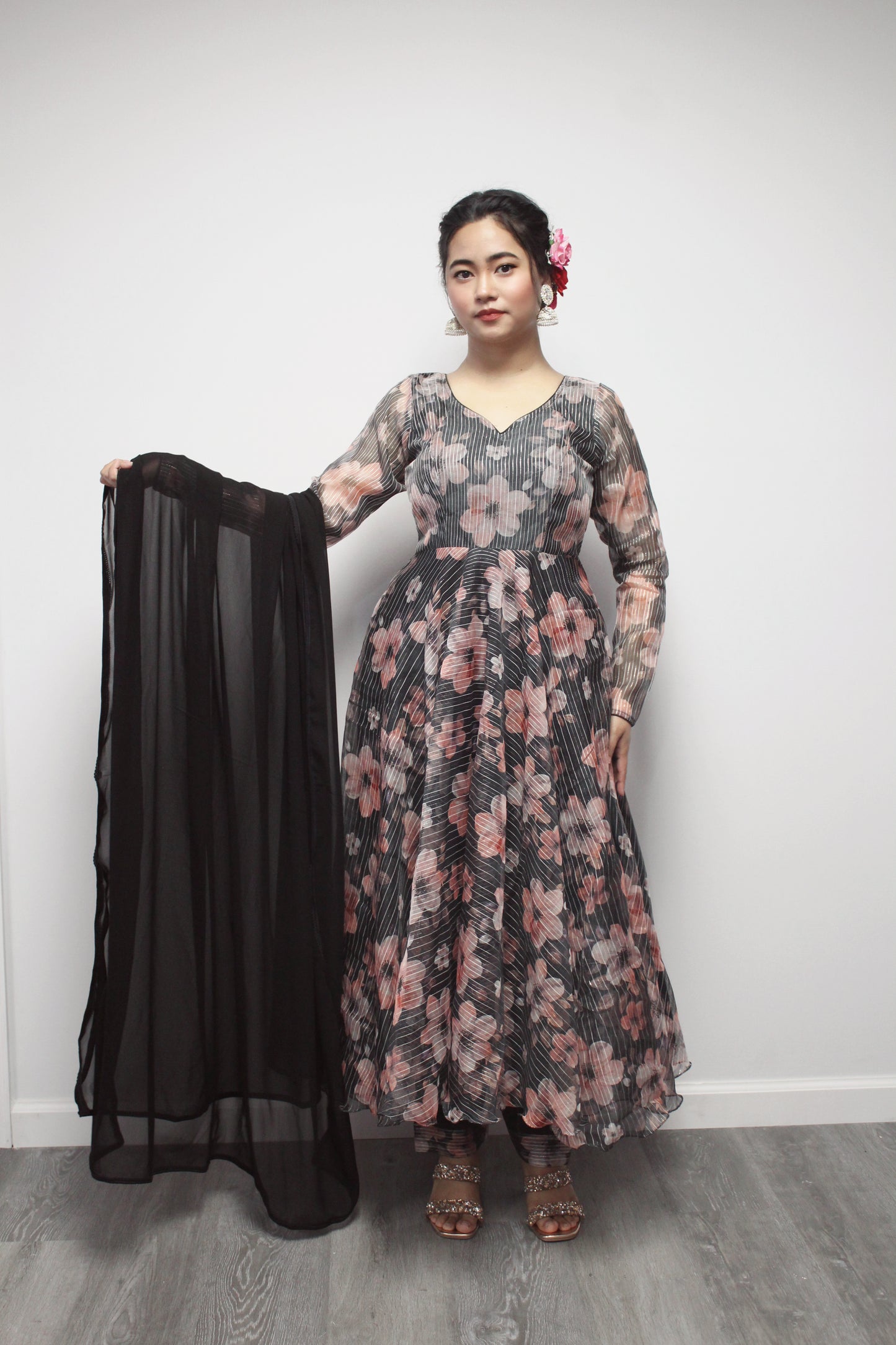 Floral Black Anarkali set with matching dupatta.