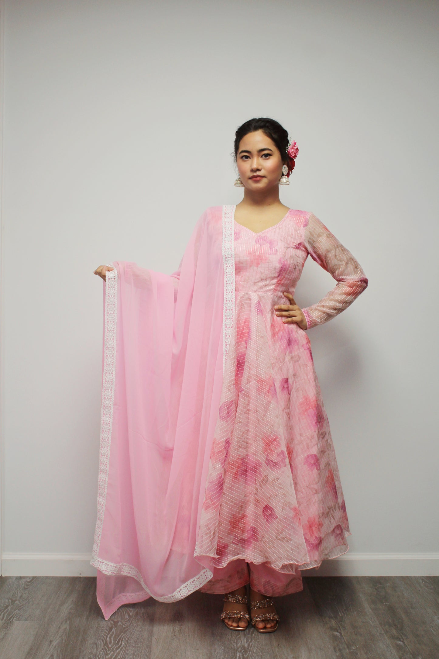 Floral Pink Anarkali Set with matching dupatta.