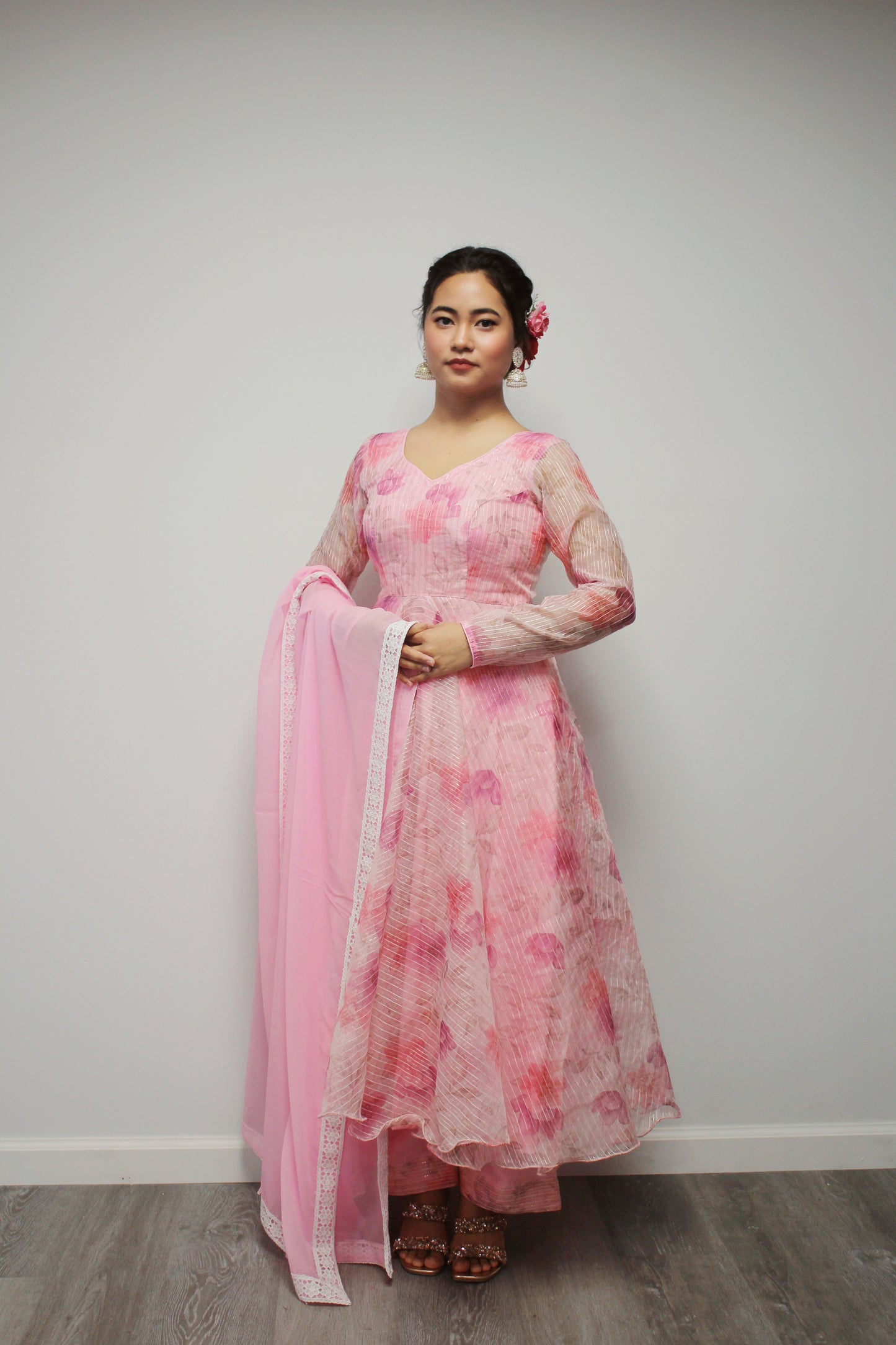 Floral Pink Anarkali Set with matching dupatta.