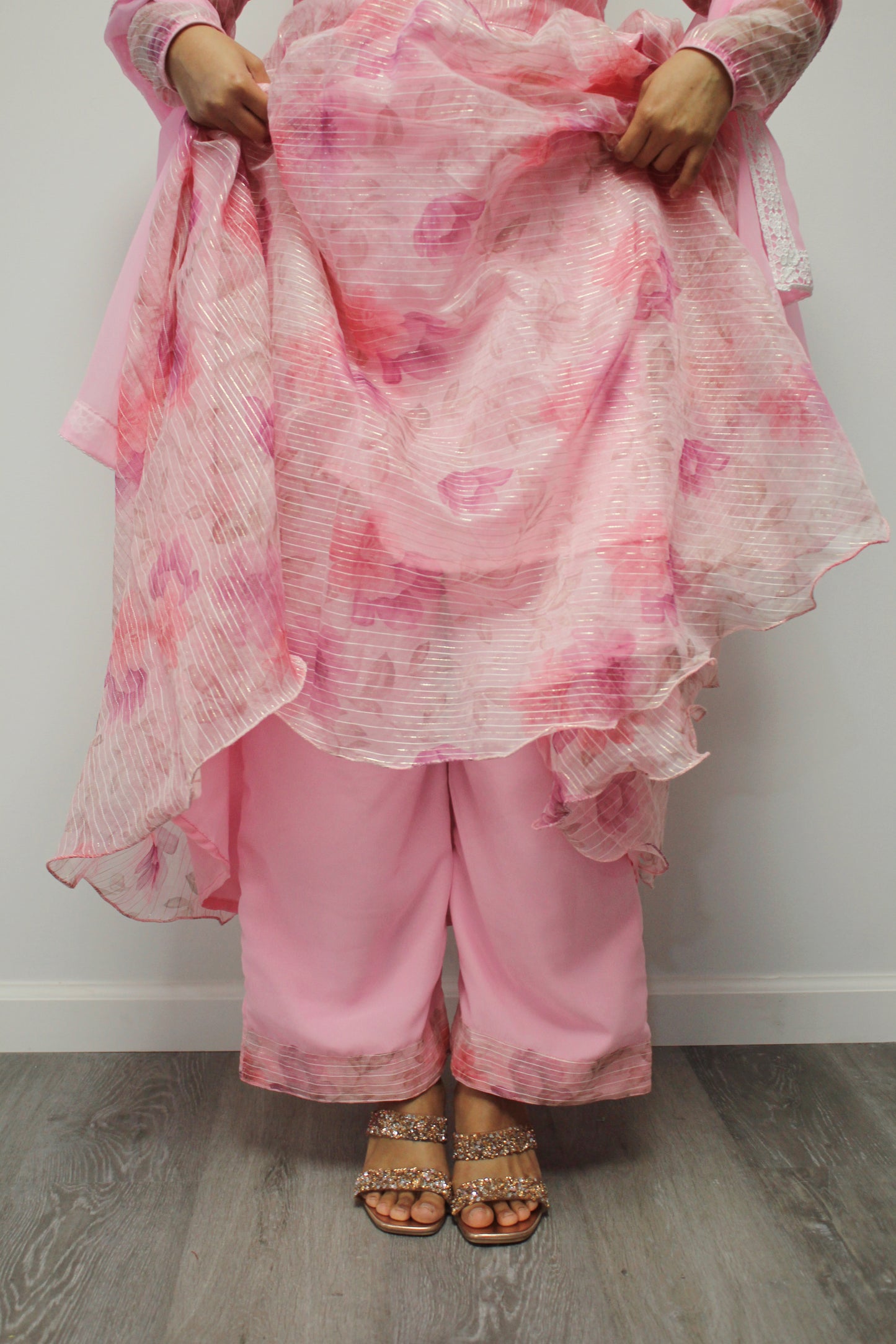 Floral Pink Anarkali Set with matching dupatta.