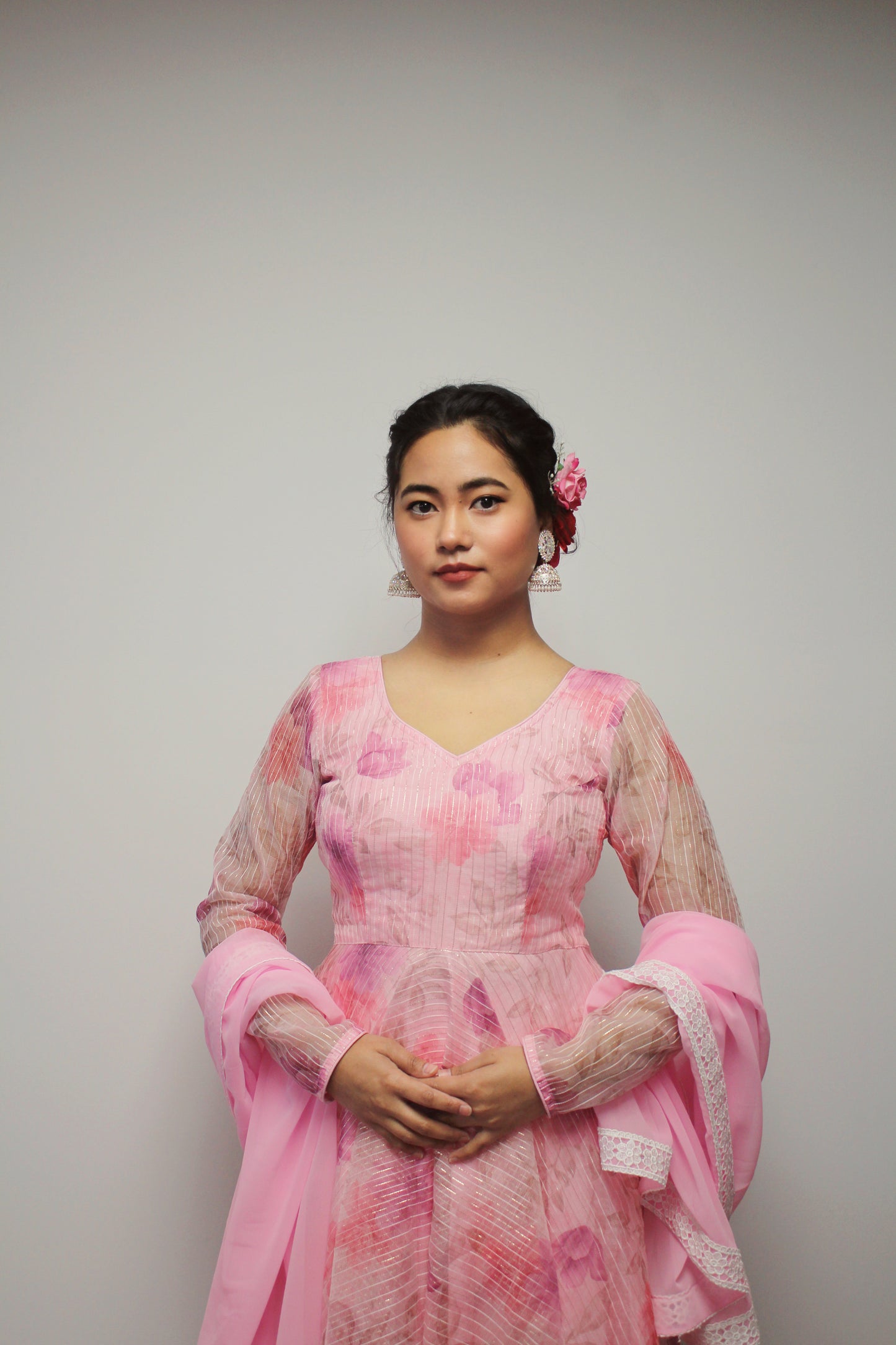 Floral Pink Anarkali Set with matching dupatta.