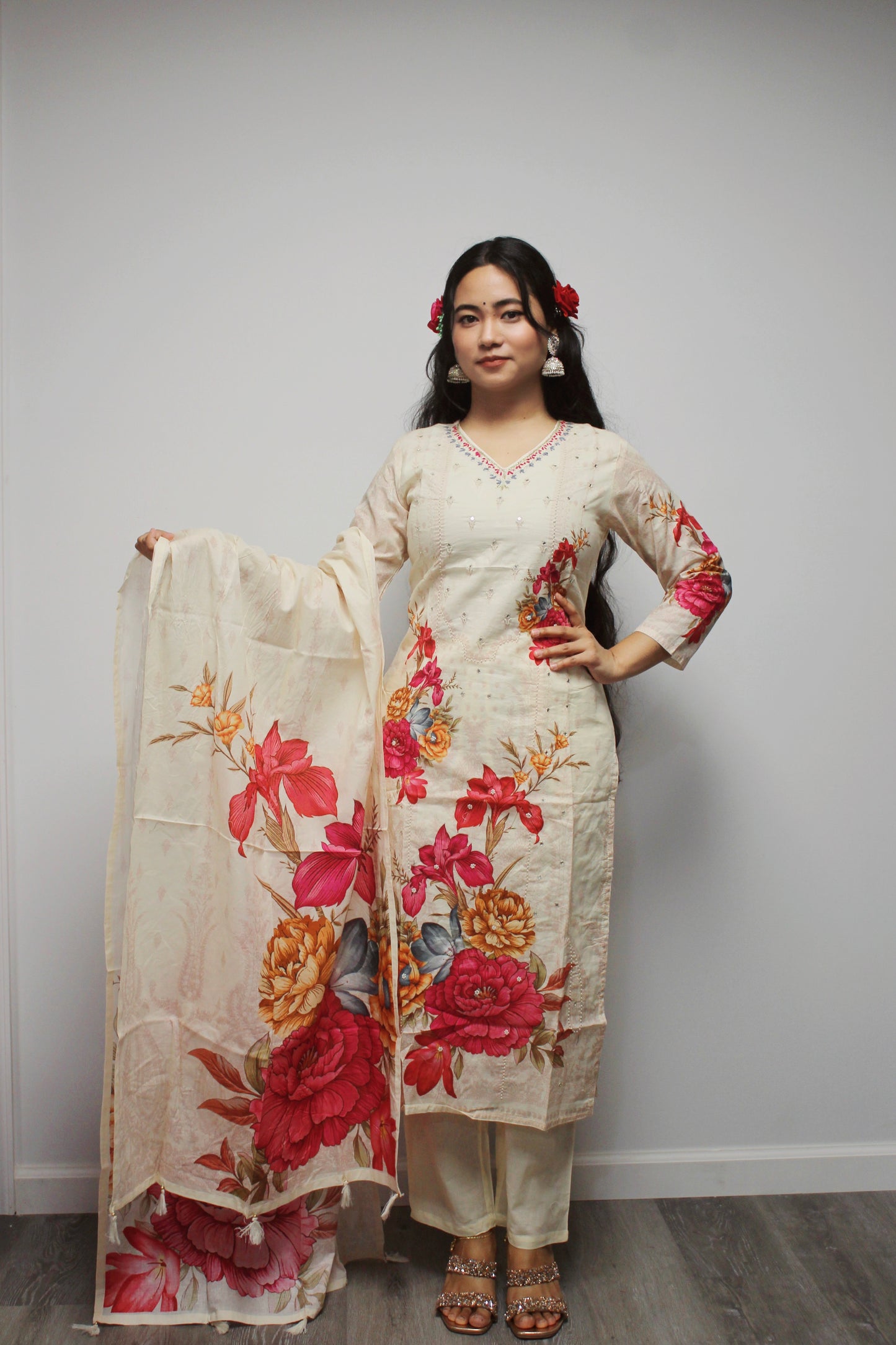 Floral Cotton Straight Kurta Set with matching dupatta.