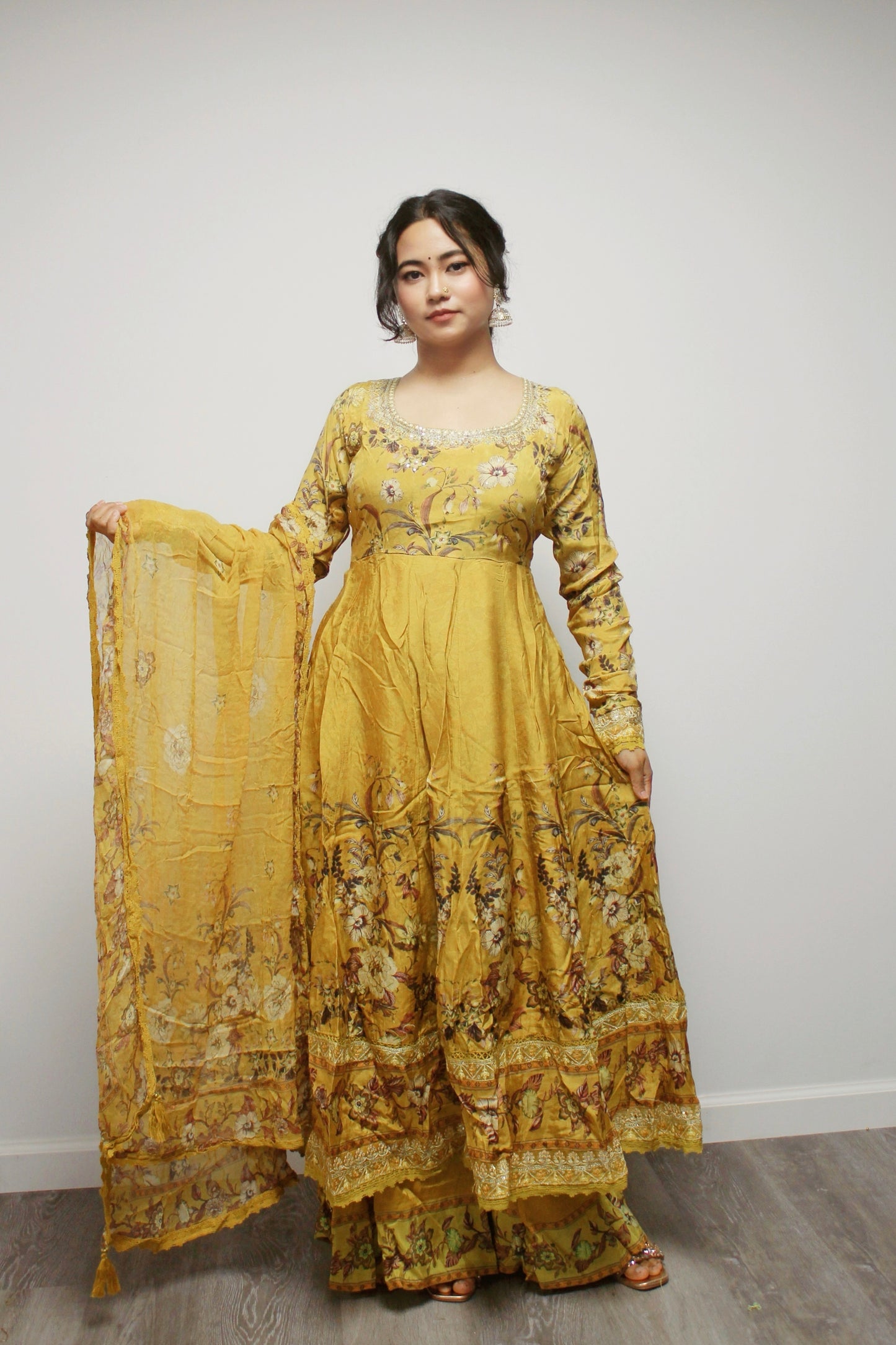 Umbrella Anarkali with wide palazzo pant and dupatta.