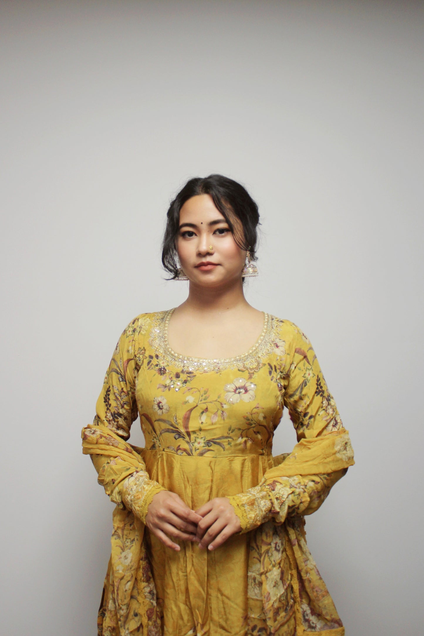 Umbrella Anarkali with wide palazzo pant and dupatta.
