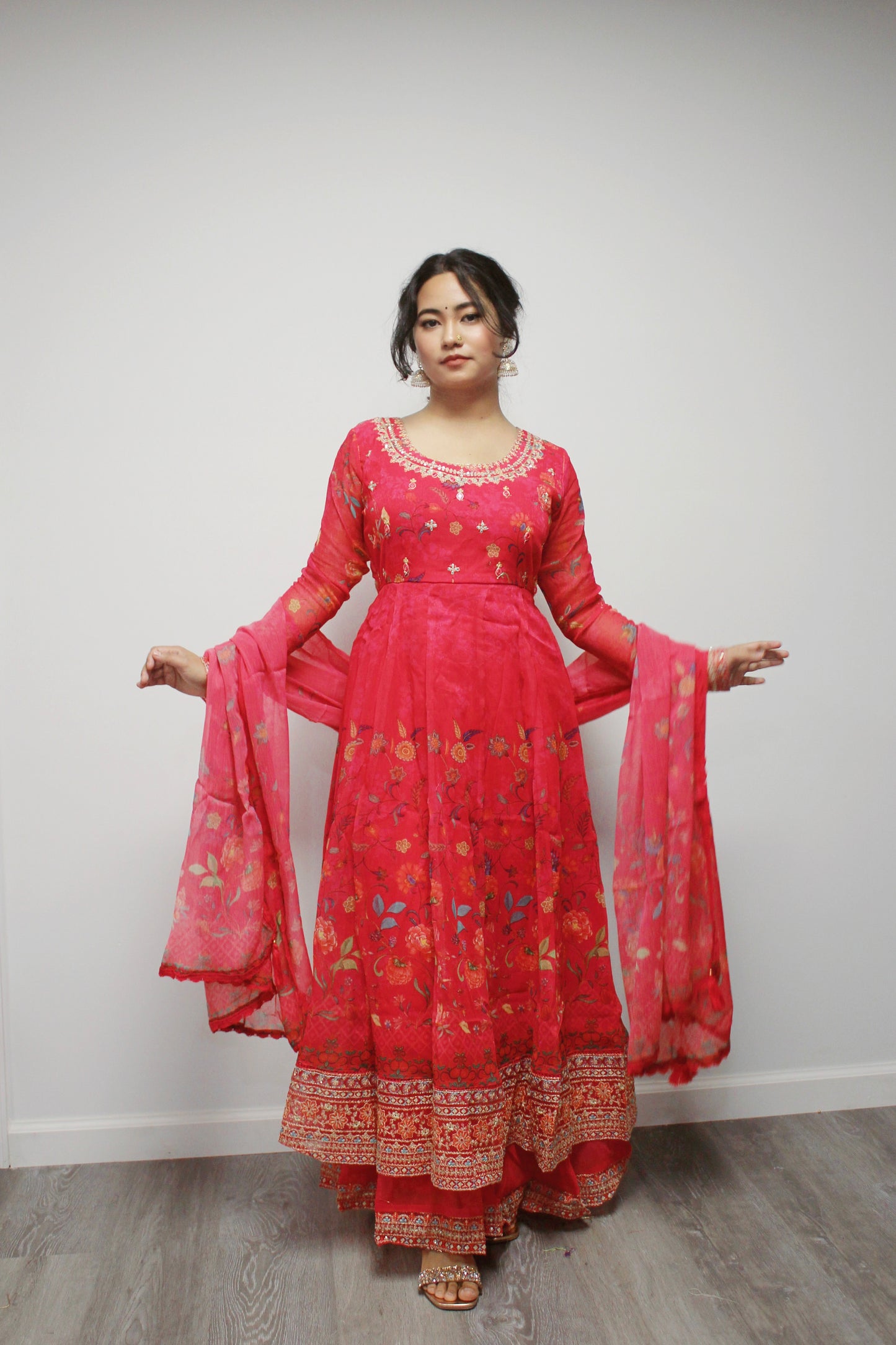 Umbrella Anarkali with wide palazzo pant and dupatta.