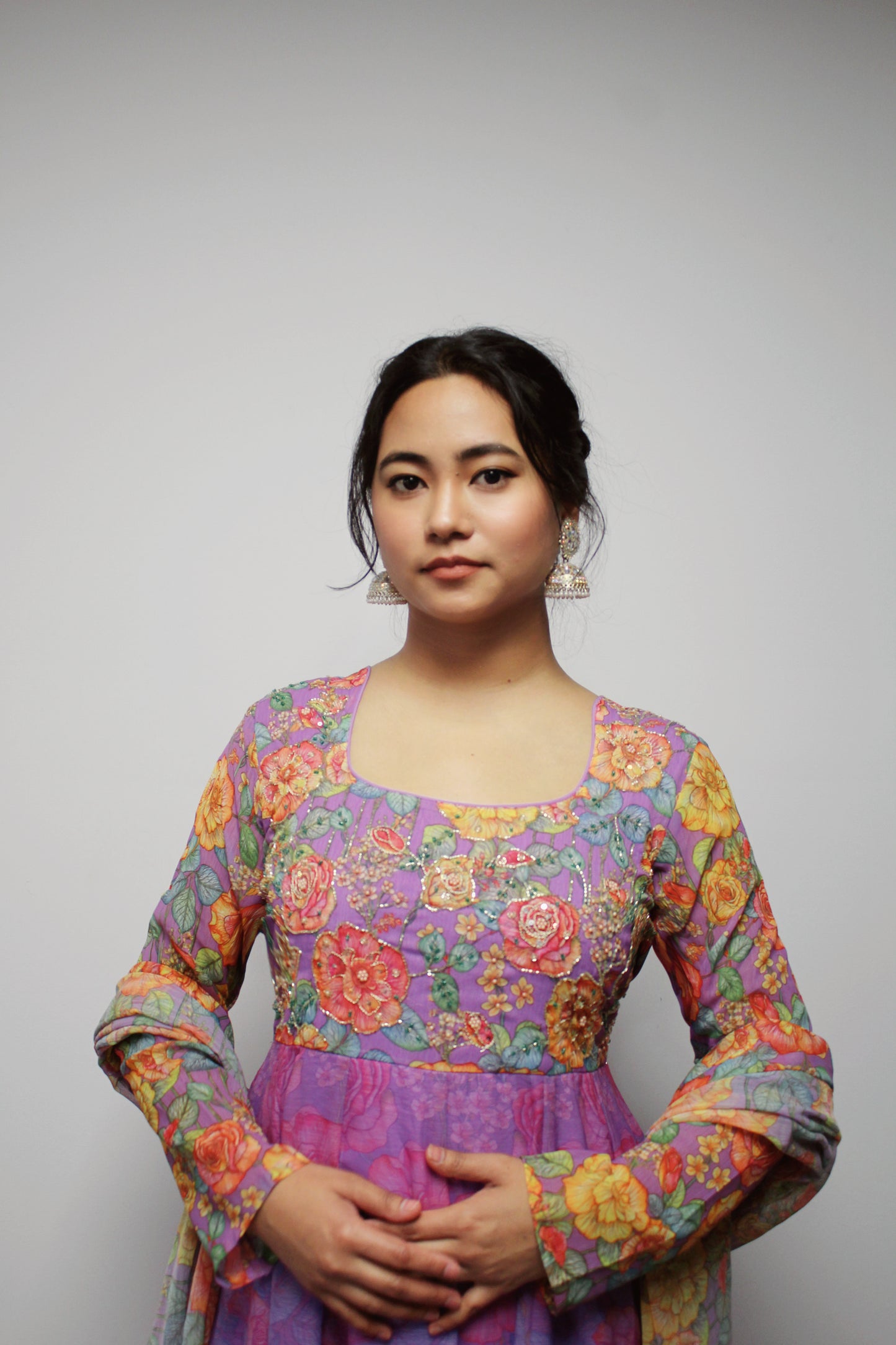 Floral Hand-worked Gown with pant and dupatta.