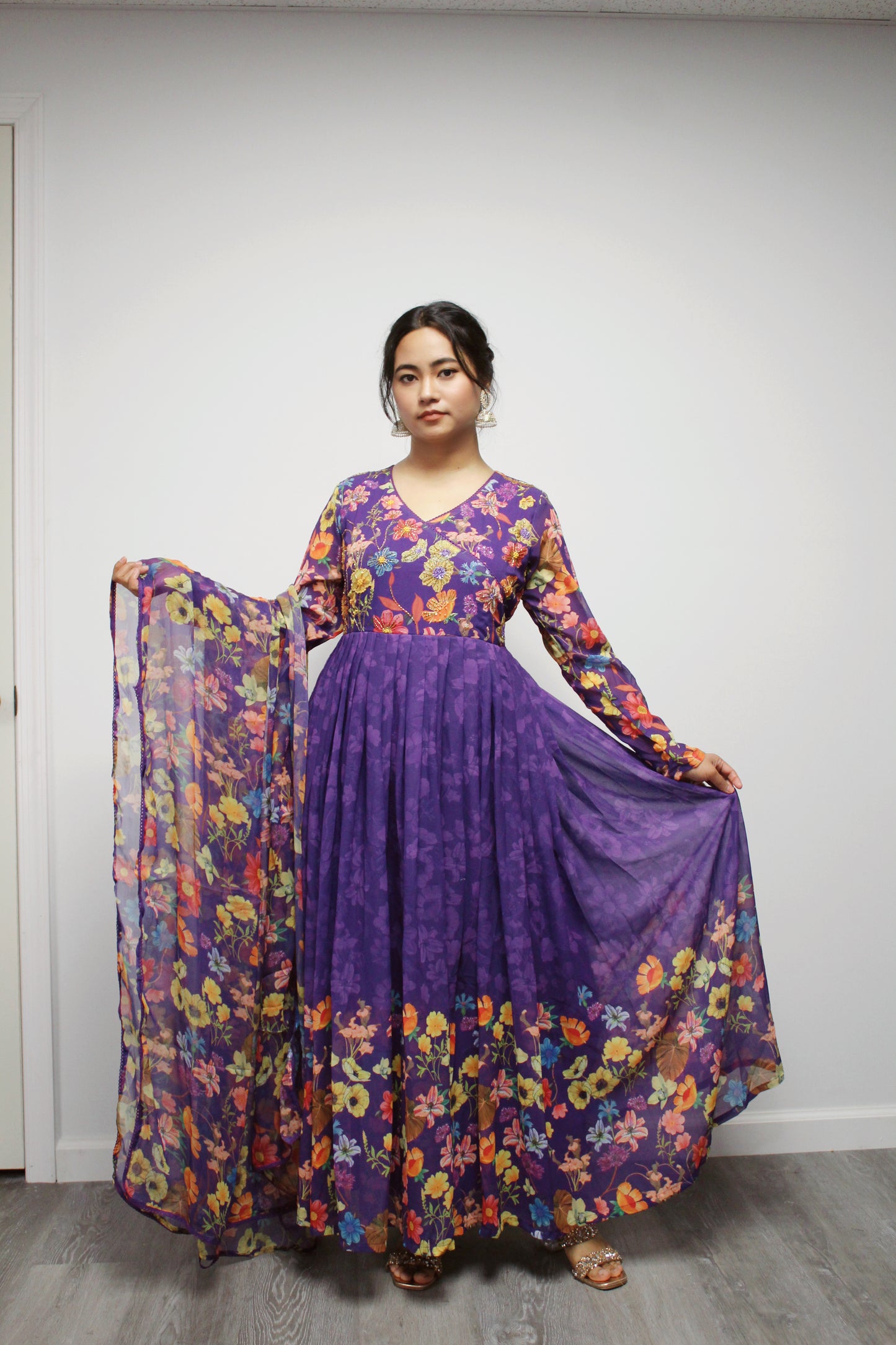 Floral Hand-worked Gown with Pant and Dupatta.
