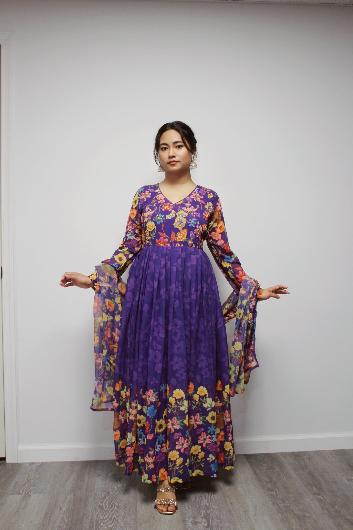Floral Hand-worked Gown with Pant and Dupatta.