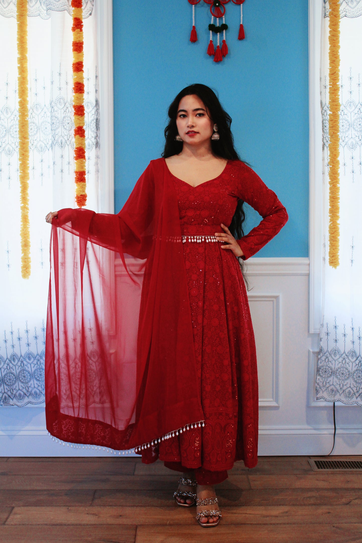 Red Thread Embroidered Anarkali set with belt