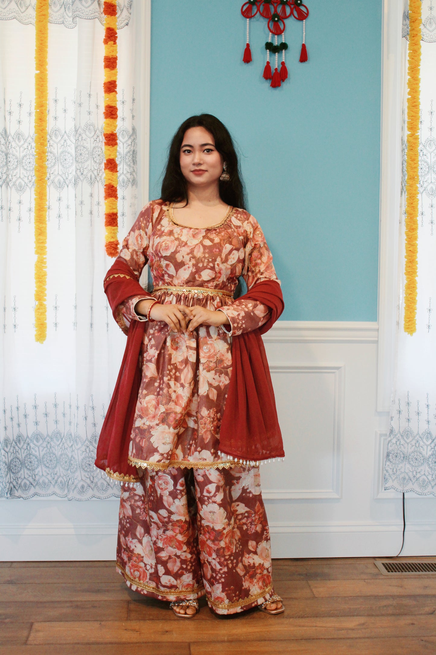 Floral Peplum Kurta set with wide palazzo pant.