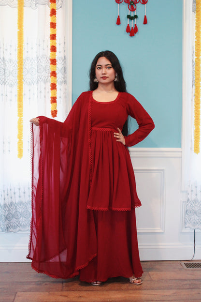 Maroon Anarkali Kurta set with Sharara Pant.