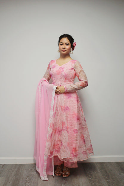 Floral Pink Anarkali Set with matching dupatta.