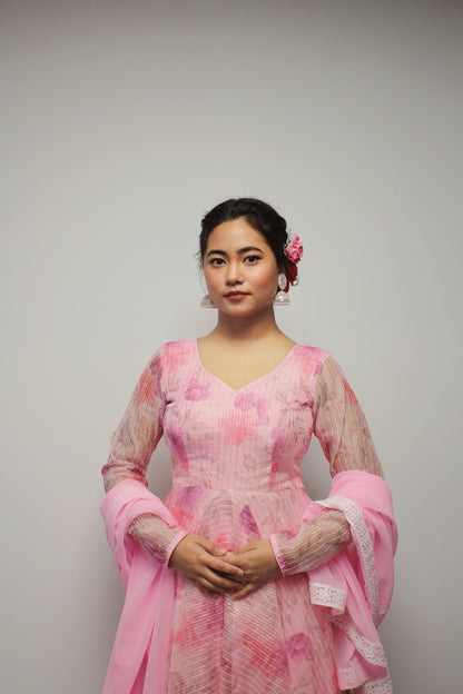 Floral Pink Anarkali Set with matching dupatta.