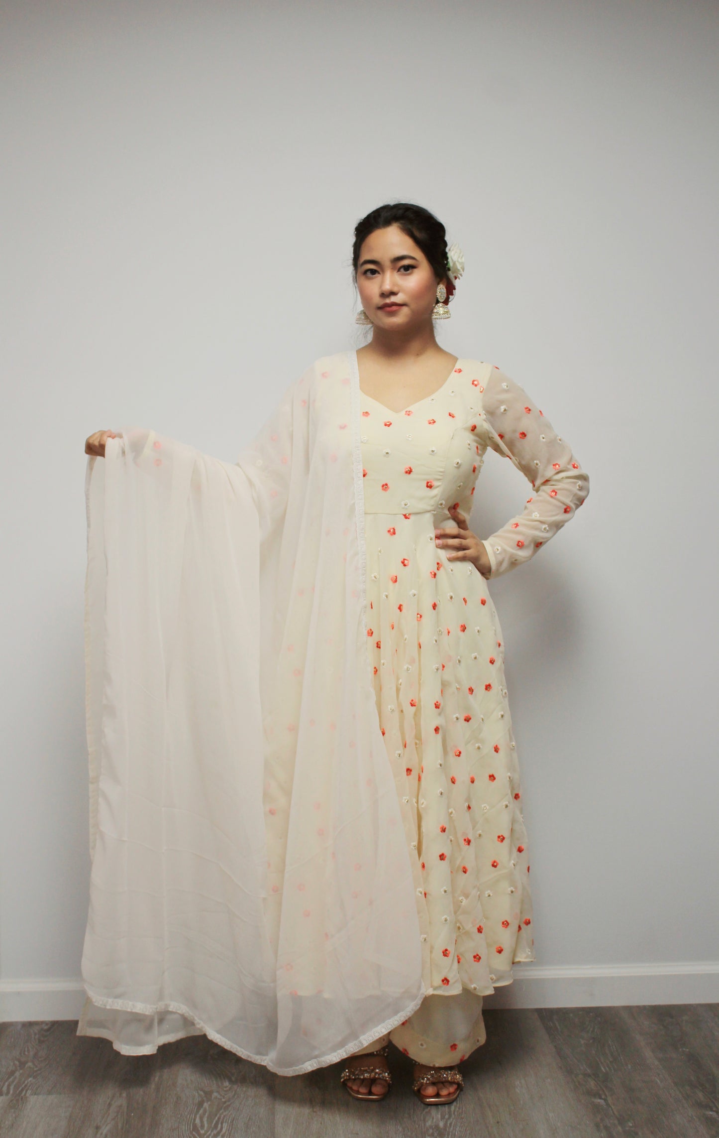 Flower Embroidered Cream Anarkali set with palazzo pant.