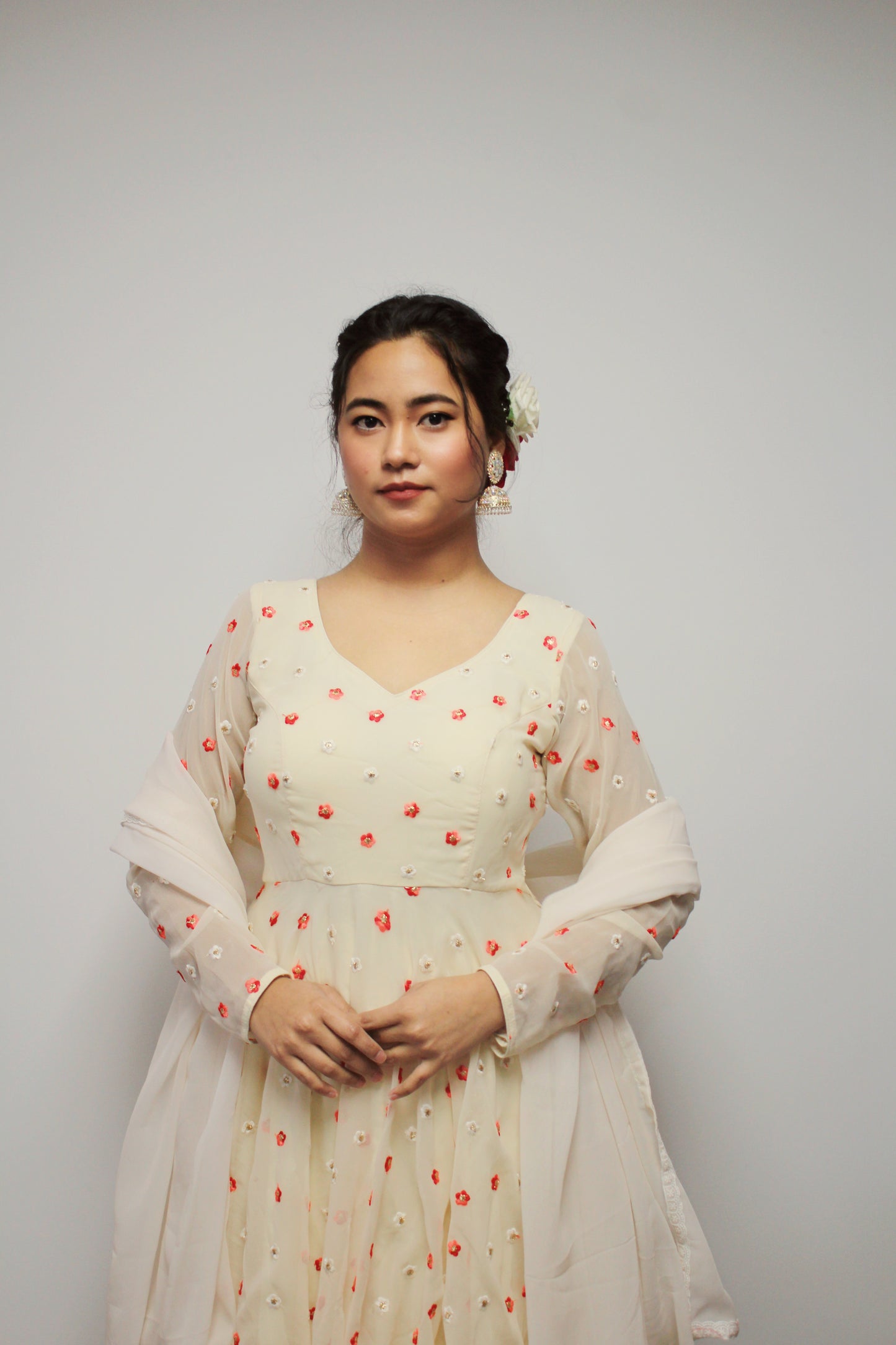 Flower Embroidered Cream Anarkali set with palazzo pant.