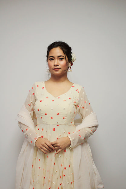 Flower Embroidered Cream Anarkali set with palazzo pant.