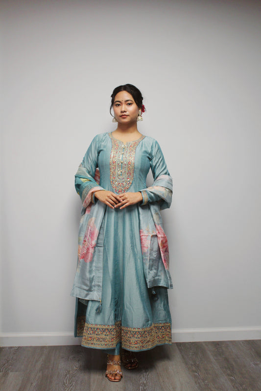 Art Silk Anarkali with Floral Dupatta.