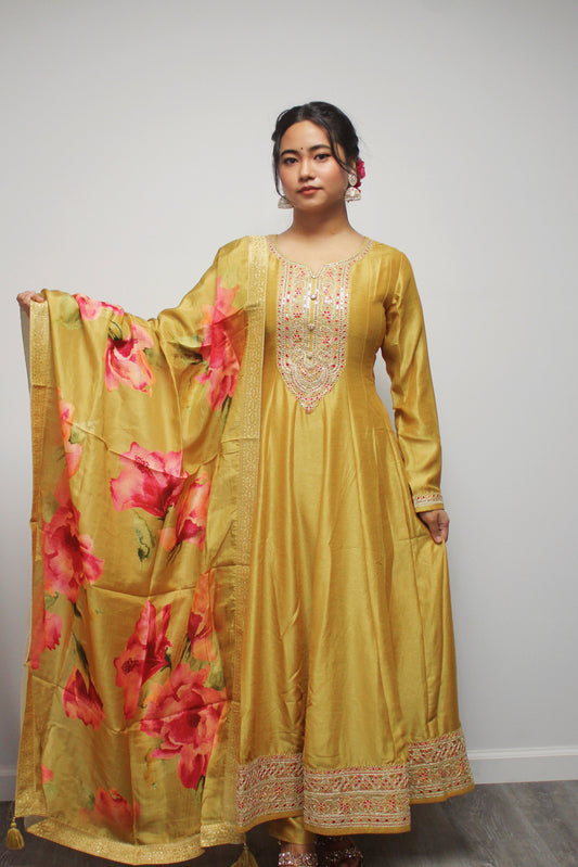 Art Silk Anarkali set with Floral Dupatta