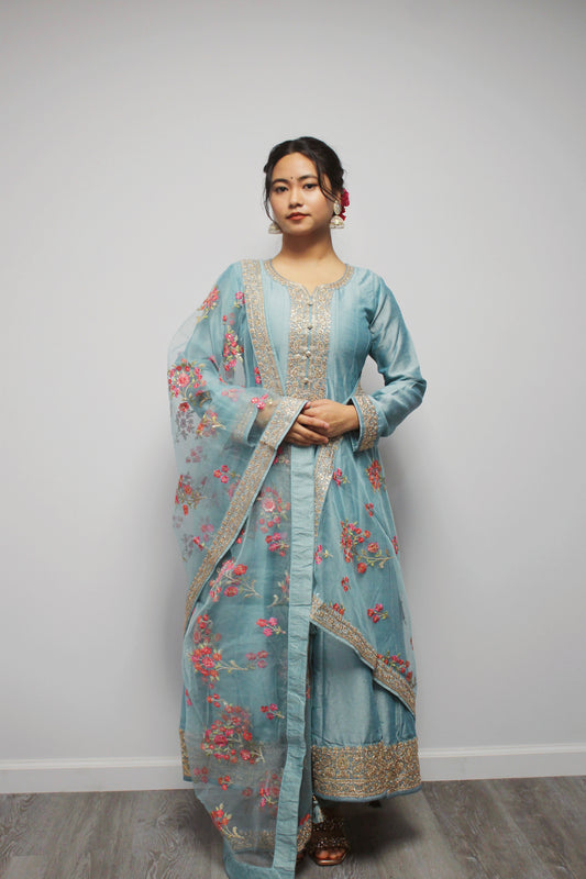 Art Silk Anarkali with Floral Net Dupatta.