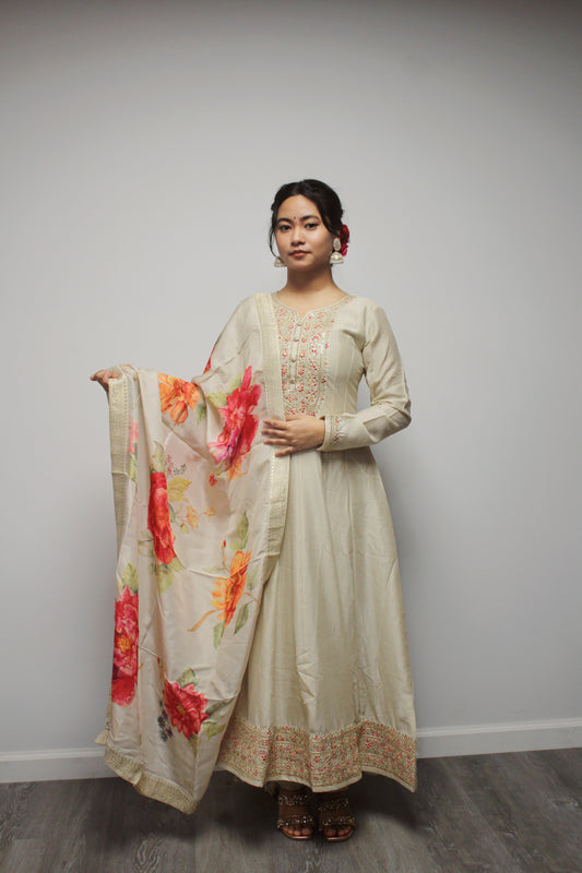 Art Silk Anarkali with Floral Dupatta.