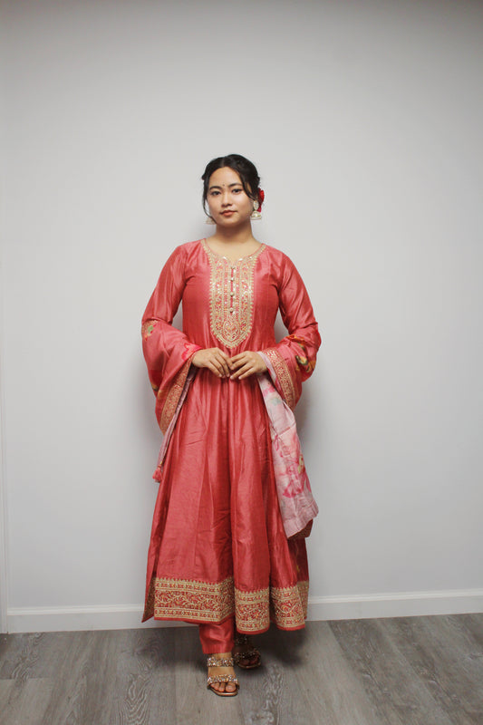 Art Silk Anarkali with Floral Dupatta.