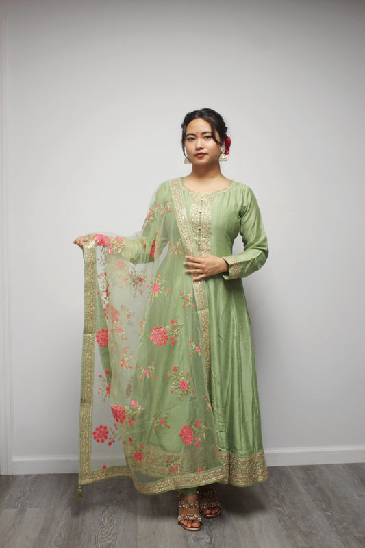 Art Silk Anarkali with Floral Net Dupatta.