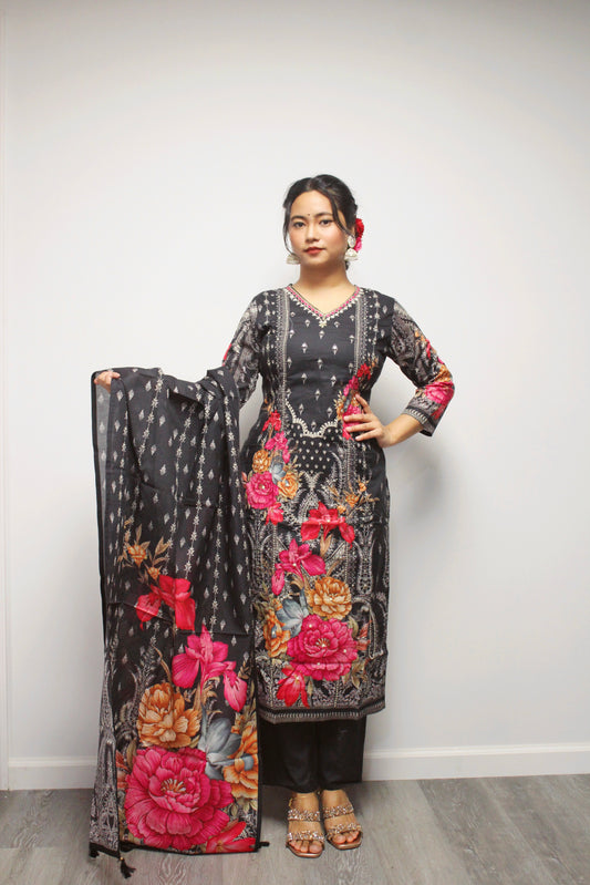 Floral Cotton Straight Kurta Set with matching dupatta.