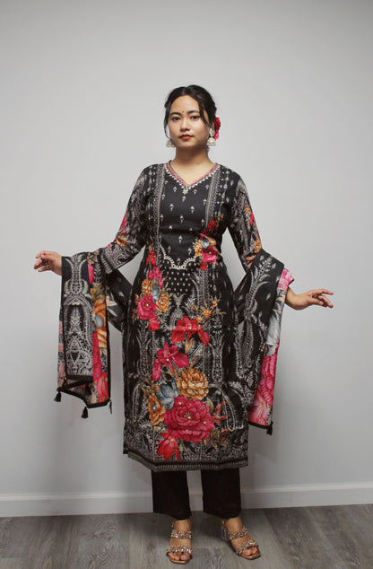 Floral Cotton Straight Kurta Set with matching dupatta.