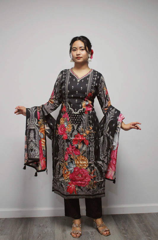 Floral Cotton Straight Kurta Set with matching dupatta.